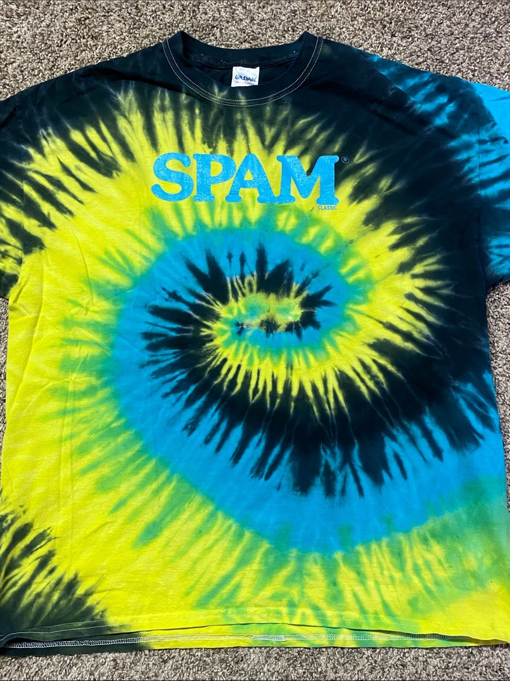 Vtg Gildan SPAM Tie-Dye T-Shirt in Blue, Yellow, Black Size XL - 1497